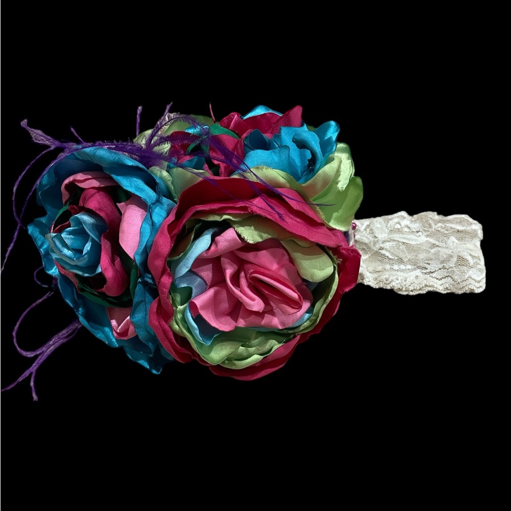 Satin flower oversized hairbow headband ostrich feathers beads lace fascinator